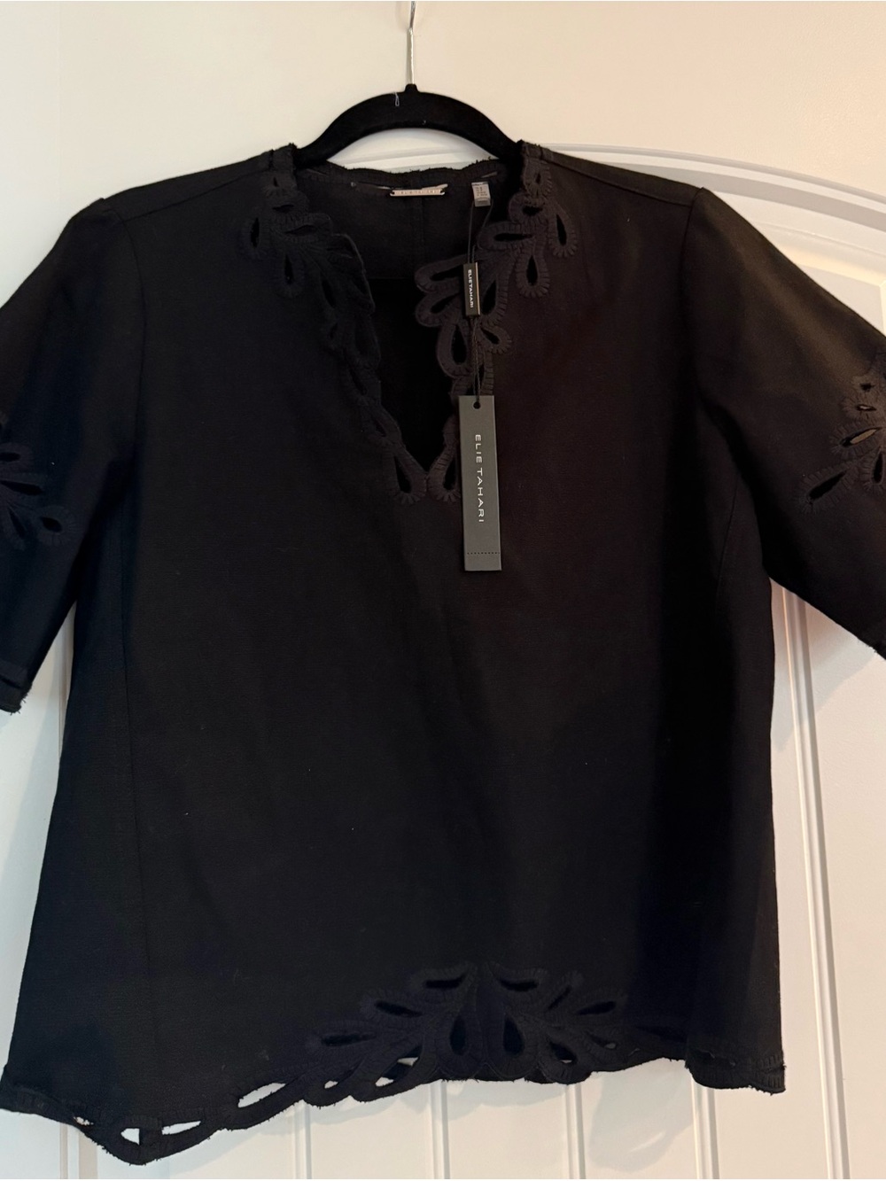 Elie Tahari Black Cutout-Trim Short Sleeve Blouse